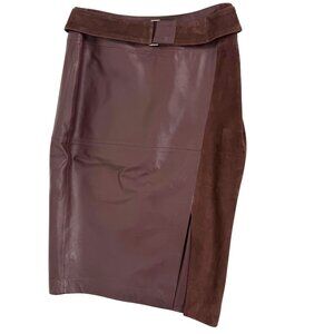White House Black Market Belted Cocoa Brown Leather Combo Pencil Skirt w/Slit Si